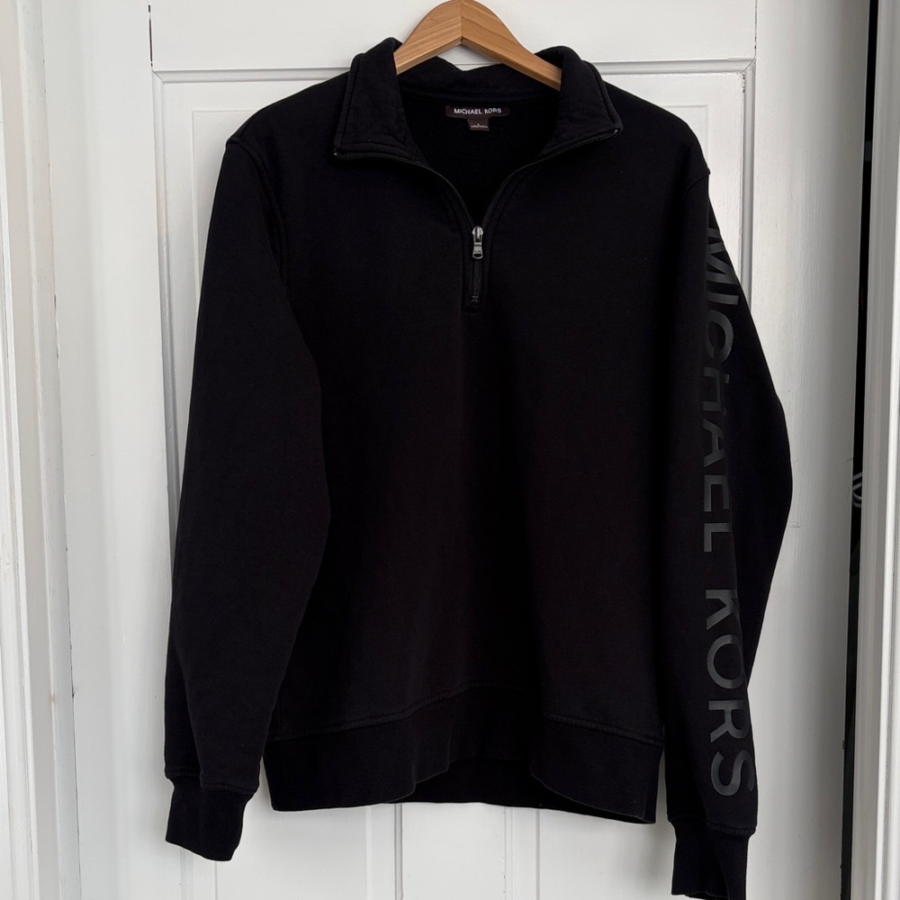 Michael Kors Black Men's Quarter Zip Sweater with Logo on Sleeve Size Large